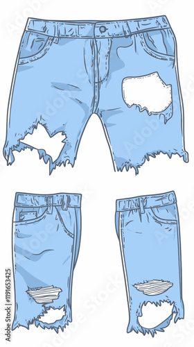 Trendy Denim Jeans with Cartoon Patches and Ripped Design for Casual Fashion Illustration