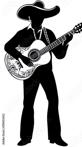 Silhouette of Mariachi Guitar Player with Ornate Acoustic Instrument