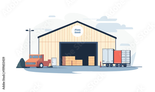 Warehouse Logistics Illustration with Delivery Trucks and Cargo Boxes
