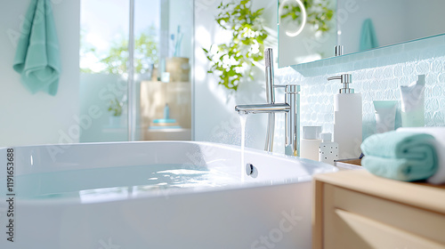 luxurious bathtub with gleaming fixtures, surrounded by serene greenery, offers tranquil escape