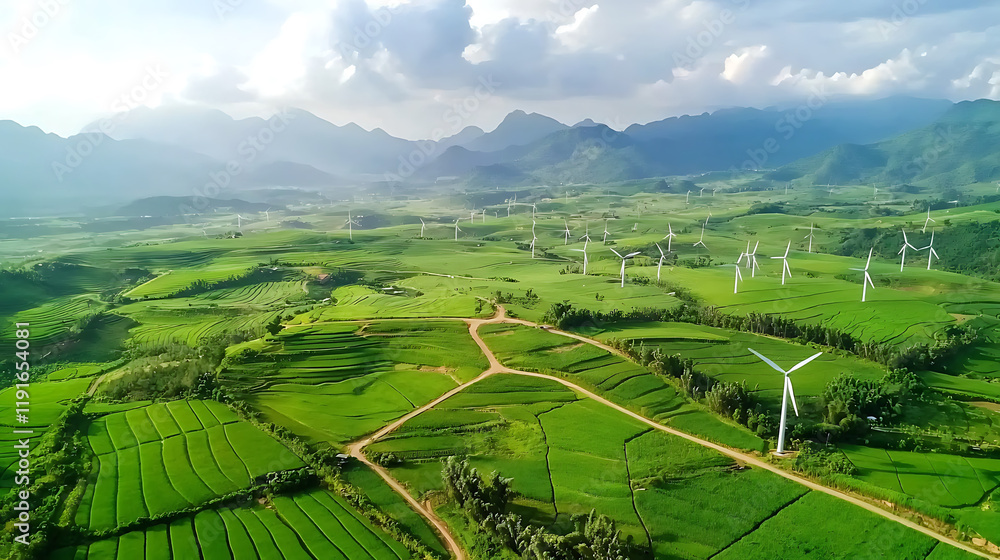 Fototapeta premium serene rural landscape featuring small scale wind turbines amidst lush green fields and mountains. scene evokes tranquility and sustainability