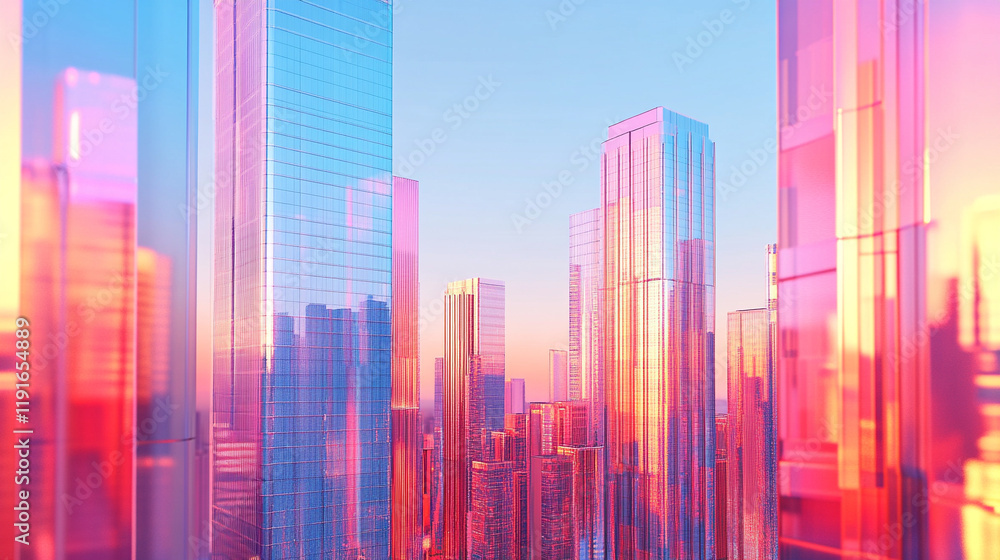 Hyperrealistic minimalistic shiny modern skyscrapers in a futuristic financial district with reflections, architectural blue background, bright light tone, graphic perspective, ideal for corporate bro Hyperrealistic minimalistic shiny modern skyscrapers in a futuristic financial district with reflections, architectural blue background, bright light tone, graphic perspective, ideal for corporate bro