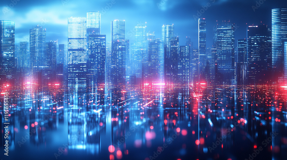 Obraz premium Hyperrealistic minimalistic shiny modern skyscrapers in a futuristic financial district with reflections, architectural blue background, bright light tone, graphic perspective, ideal for corporate bro
