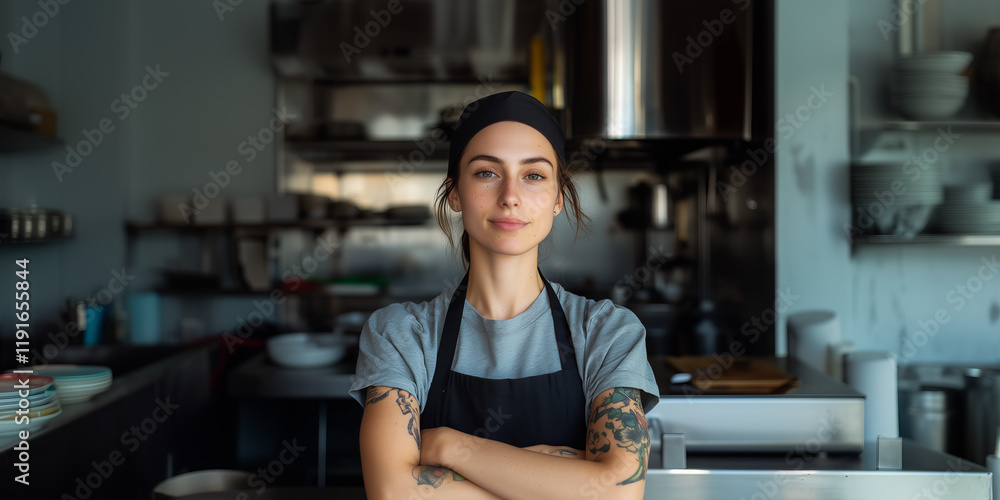Confident female chef stands in a modern kitchen, showcasing her culinary skills and unique tattoos while preparing for a busy day at the restaurant Confident female chef stands in a modern kitchen, showcasing her culinary skills and unique tattoos while preparing for a busy day at the restaurant