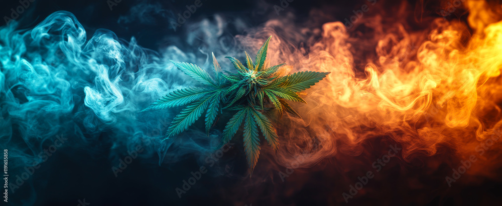 Fototapeta premium Colorful cannabis and smoke blend art. Vibrant green cannabis plant surrounded by swirling blue and orange smoke creates a striking visual effect.