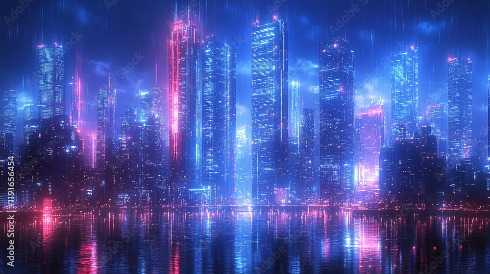 Hyperrealistic minimalistic shiny modern skyscrapers in a futuristic financial district with reflections, architectural blue background, bright light tone, graphic perspective, ideal for corporate bro