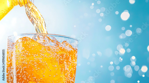 refreshing scene of sports drink being poured into glass filled with ice, capturing effervescence and vibrant color