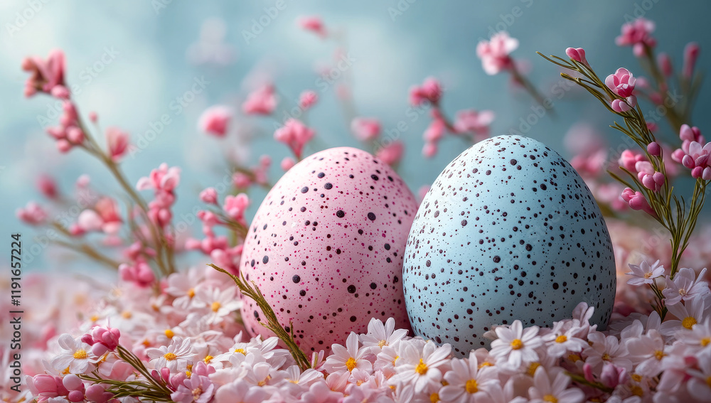 Colorful Easter eggs nestled in blossoms. Two speckled Easter eggs, one pink and one blue, sit among delicate pink flowers, celebrating springtime beauty. Colorful Easter eggs nestled in blossoms. Two speckled Easter eggs, one pink and one blue, sit among delicate pink flowers, celebrating springtime beauty.