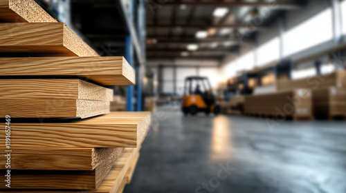 Engineered wood panels with rich wood grain patterns, neatly stacked in a factory warehouse, with forklifts and shelves visible in the background. photo