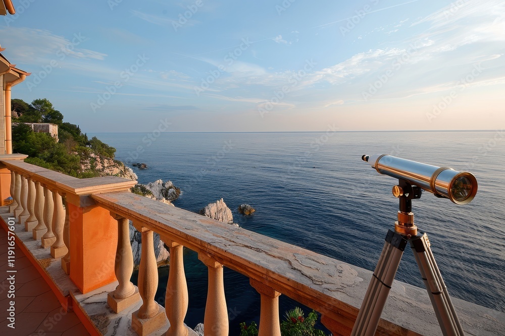 Scenic ocean view from a terrace with a telescope overlooking tranquil waters and rocky formations during twilight Scenic ocean view from a terrace with a telescope overlooking tranquil waters and rocky formations during twilight