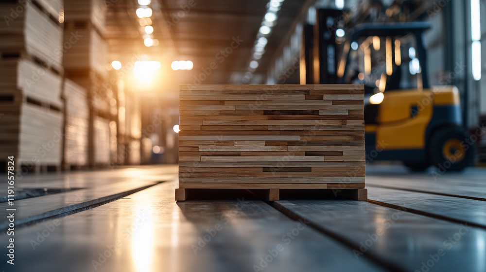 Naklejka premium A neat stack of engineered wood panels in warm earthy tones, placed in the center of a modern factory floor, with a forklift positioned nearby for transport.