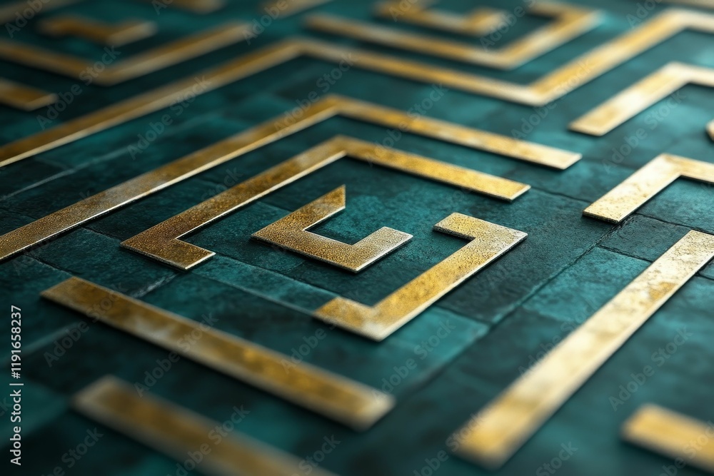 Gold maze pattern on teal textured surface. Gold maze pattern on teal textured surface.