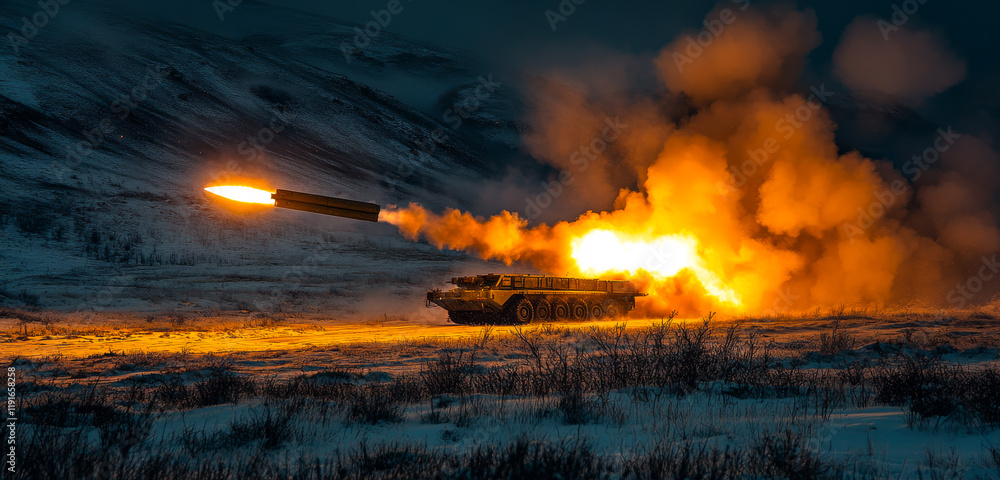 Obraz premium Missile launch in winter. A missile is launched from a vehicle, lighting up the winter night sky with flames and smoke in a remote location.