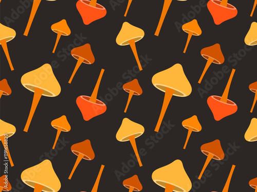 Mushrooms seamless pattern. Mushrooms on a stem. Hallucinogenic mushrooms of different colors. Mushroom design for wallpapers, covers, wrappers and banners. Vector illustration