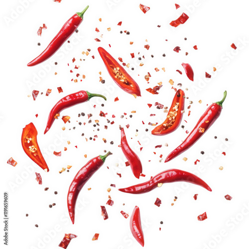 n artistic arrangement of red chili peppers and crushed chili flakes scattered on a white background. showcasing the vibrant colors and textures of the ingredients this composition emphasizes culinary