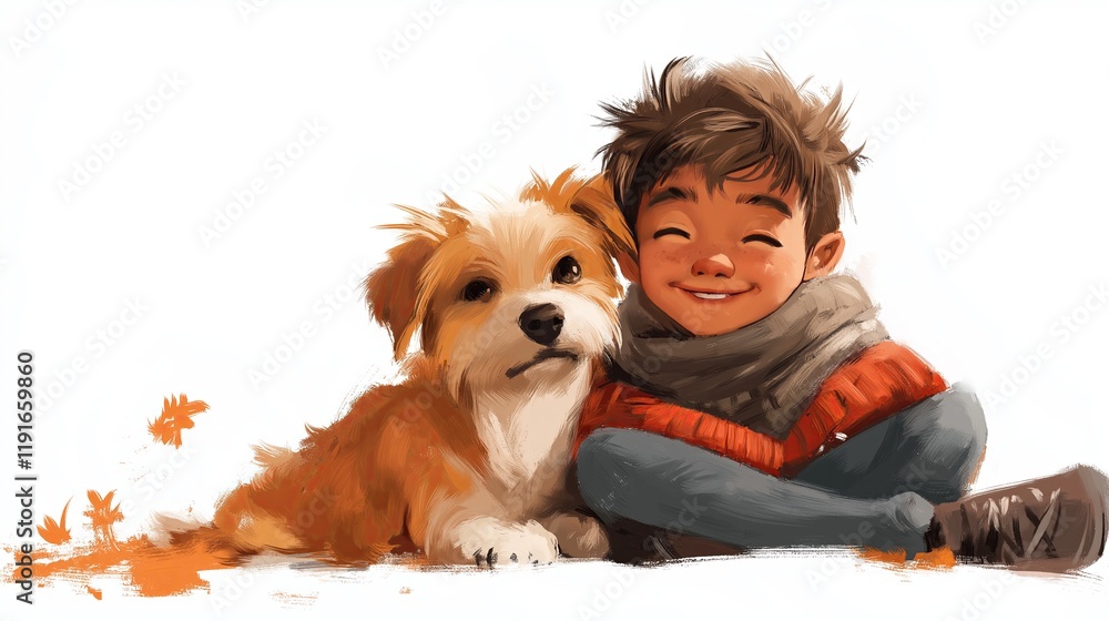 Smiling boy sitting with his golden retriever puppy on a white background. Illustration for friendship and pet care concepts Smiling boy sitting with his golden retriever puppy on a white background. Illustration for friendship and pet care concepts