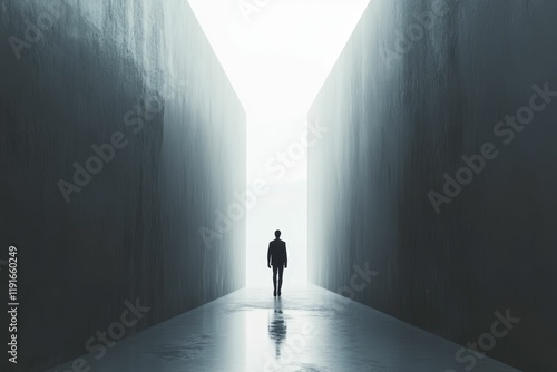 Person walks toward bright light, between tall walls.