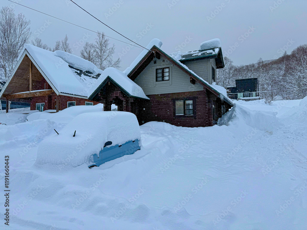 A scenic shot of a wintry neighborhood with houses and vehicles blanketed in thick powder snow. A quiet Niseko suburban neighborhood is buried under the powder snow set against the overcast landscape A scenic shot of a wintry neighborhood with houses and vehicles blanketed in thick powder snow. A quiet Niseko suburban neighborhood is buried under the powder snow set against the overcast landscape