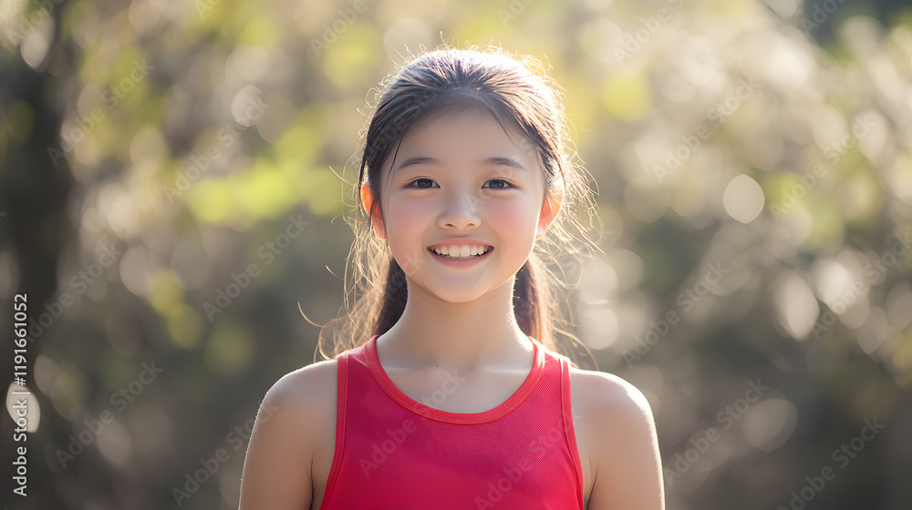 A young girl with a radiant smile stands outdoors, surrounded by greenery. A young girl with a radiant smile stands outdoors, surrounded by greenery.