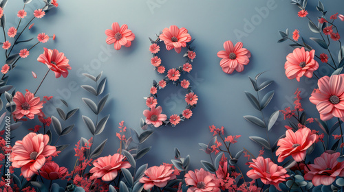 A vibrant floral composition featuring the number 8, symbolizing femininity and celebration, perfect for International Women's Day.