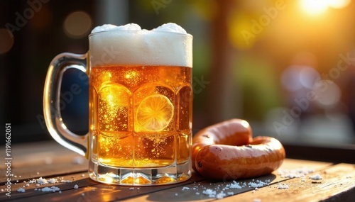 Ice-cold beer in frosted mug, sunny bratwurst , snack, bavarian photo