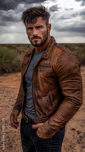 A man in a distressed leather jacket and dark jeans, standing confidently in a dramatic desert landscape under cloudy skies