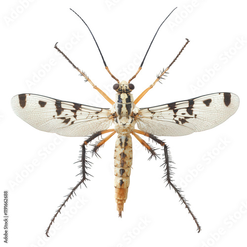 detailed. top-down view of a striking insect. showcasing its intricate wing patterns. elongated body. and prominent antennae the insect's coloration includes shades of white. black. and orange. emphas photo