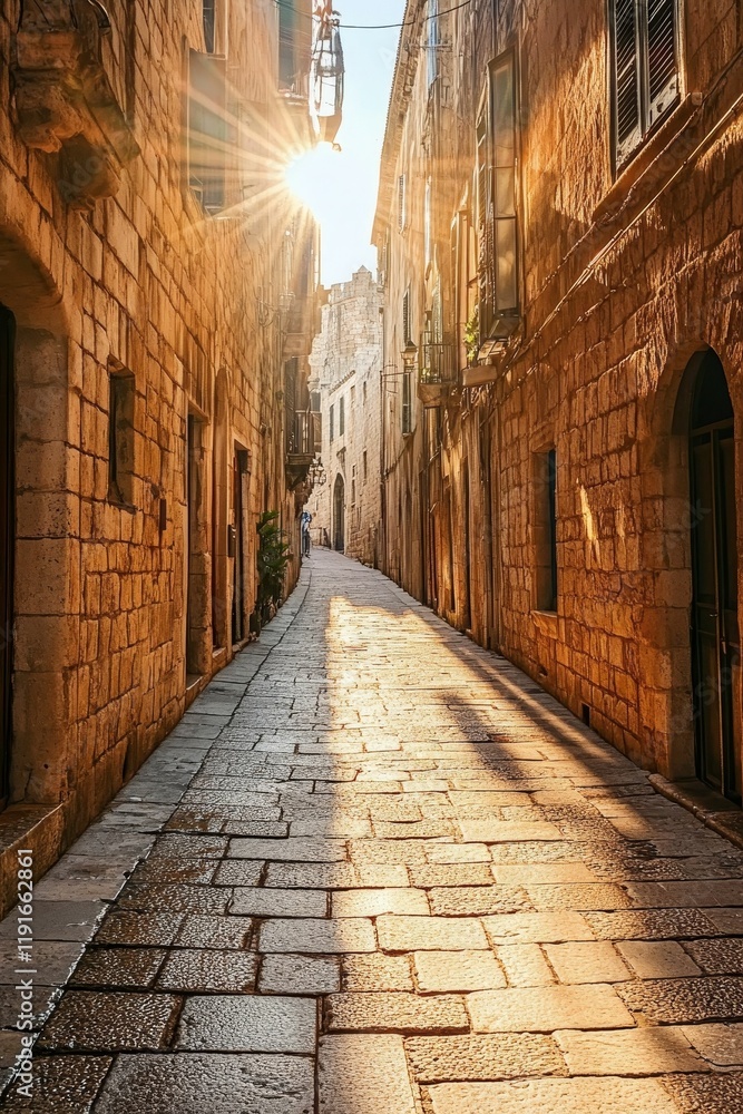 Sunlit stone alleyway, aged buildings, charming street. Sunlit stone alleyway, aged buildings, charming street.