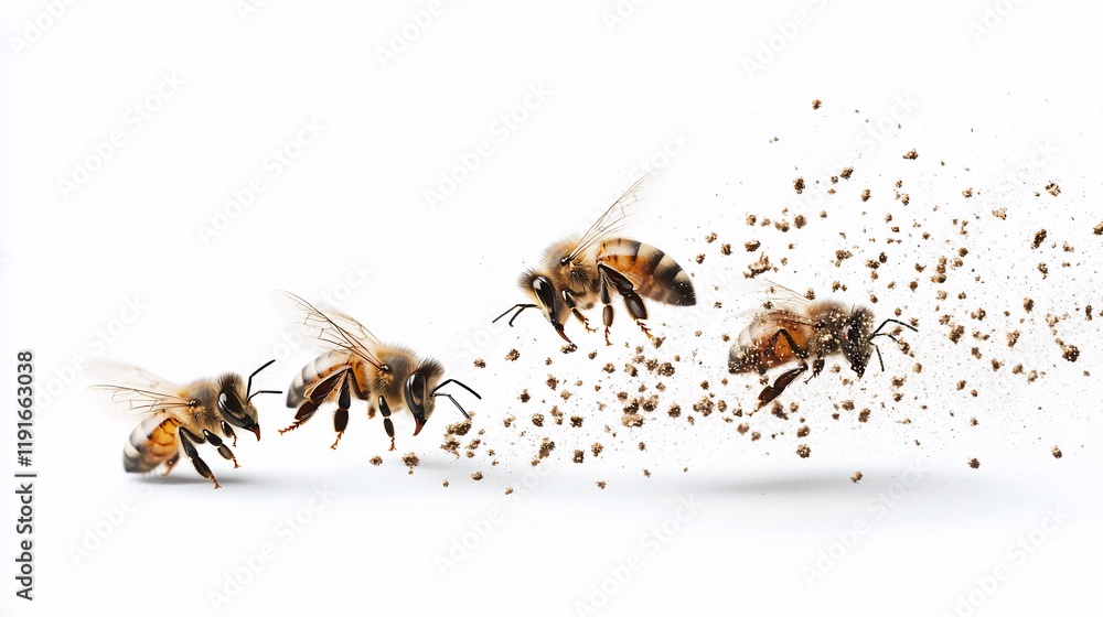 Fototapeta premium Three honeybees in flight, pollen trail.