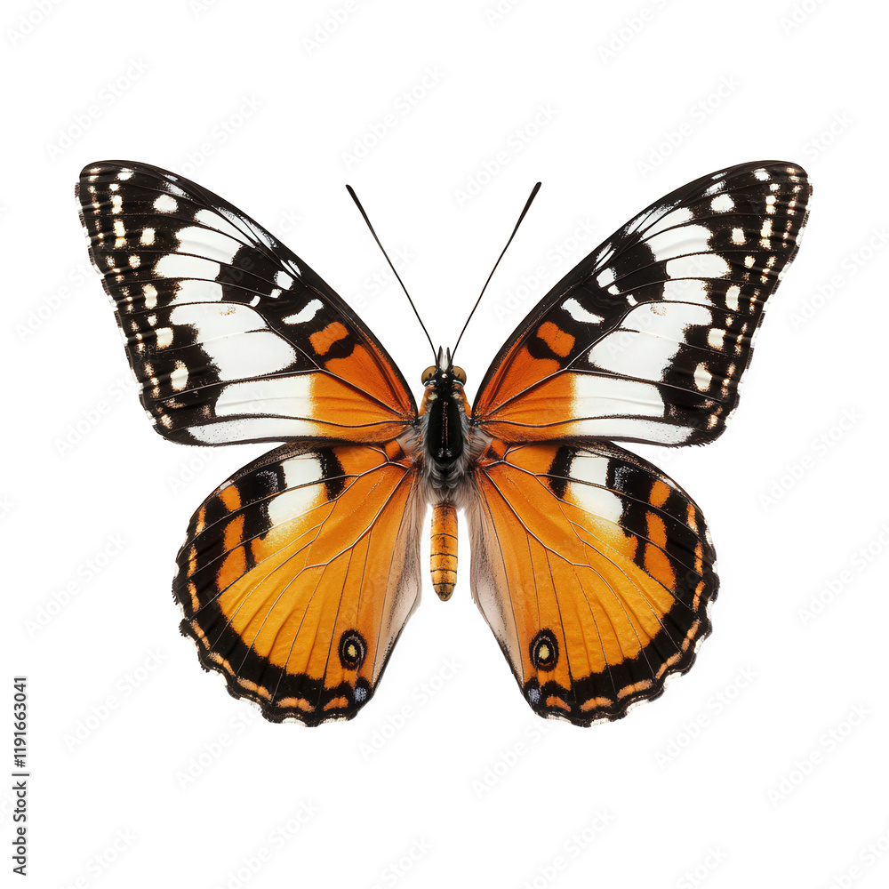 Obraz premium beautifully detailed butterfly with vibrant orange and black wings. showcasing its intricate patterns and symmetry against a plain white background this depiction highlights the beauty of nature and c
