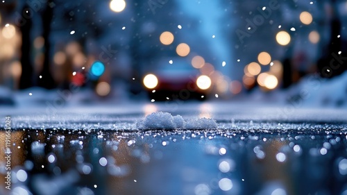 Snowfall on city street at night with blurred lights in background