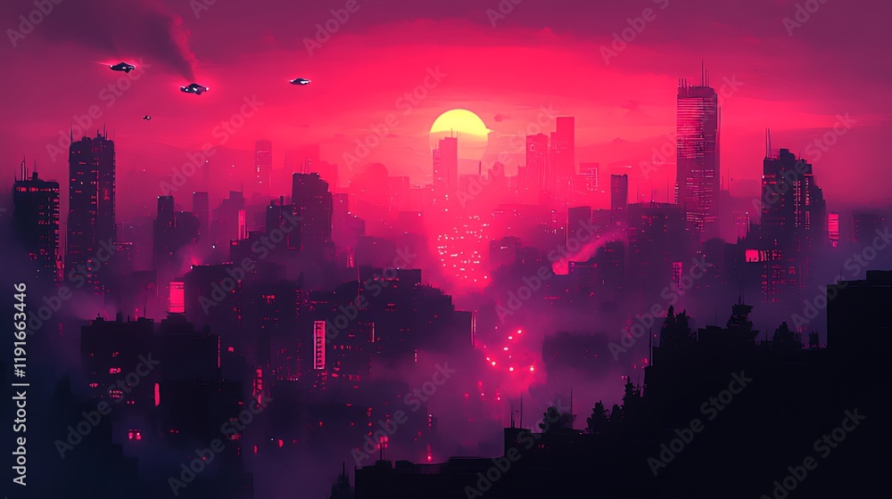 Fototapeta premium Cyberpunk city sunset, flying vehicles, red sky