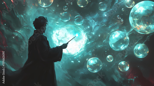 With a flick of his wand the magician conjured up a sea of radiant bubbles that seemed to glow from within. Moonspire. Illustration photo