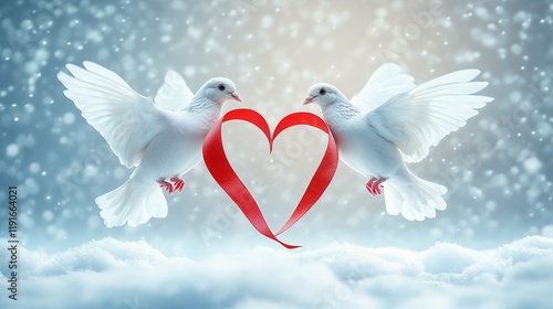 Two white doves forming a heart with a red ribbon in a snowy background
