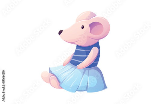Adorable vector isolated cartoon illustration of cute pink soft toy mouse in a blue striped dress and skirt, sitting gracefully on a white background. Perfect for children designs, storybooks