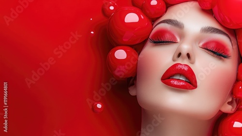 Woman with bold red makeup and glossy lips posing amid bubbles