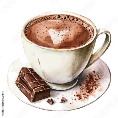 A watercolor of a cup of classic hot chocolate, topped with whipped cream and a cinnamon stick, isolated on a white background. Classic hot chocolate vector.
