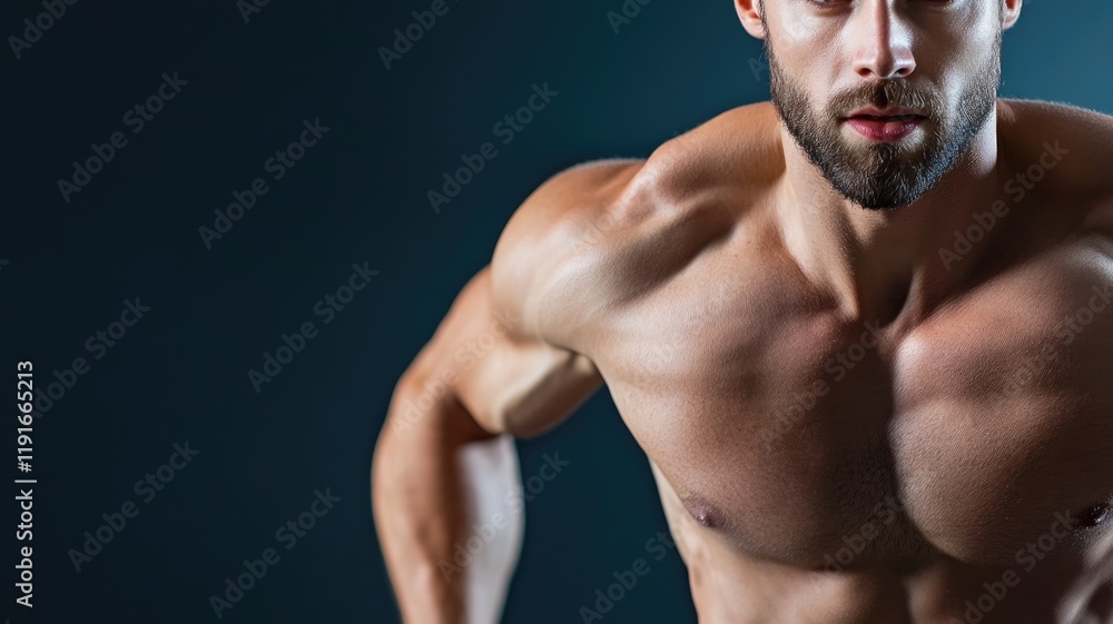 Fototapeta premium Muscular shirtless man with beard, showcasing muscle definition