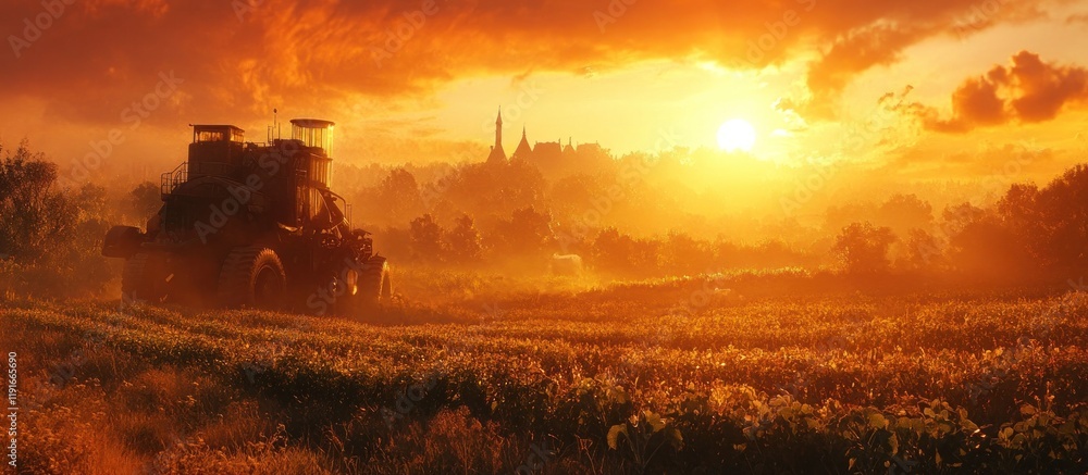 Fototapeta premium Tractor silhouetted against a dramatic fiery sunset over a picturesque pastoral countryside landscape with rolling fields distant buildings and a vibrant warm glow in the sky The serene