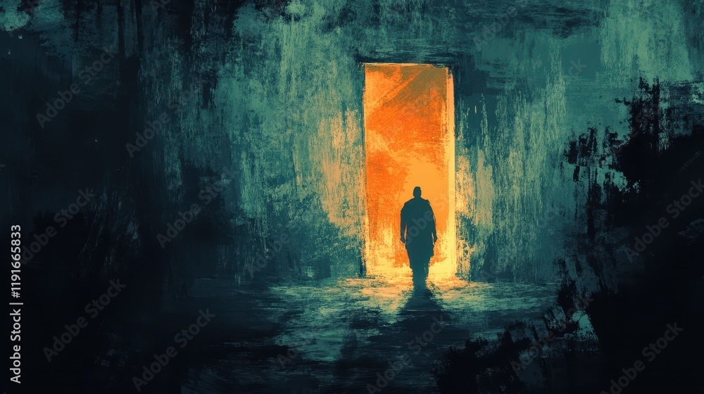 Fototapeta premium A lone figure walks towards a bright orange doorway