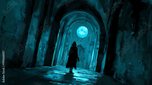 An eerie silhouette in a dark hallway conjures feelings of fear and suspense. Moonspire. Illustration photo