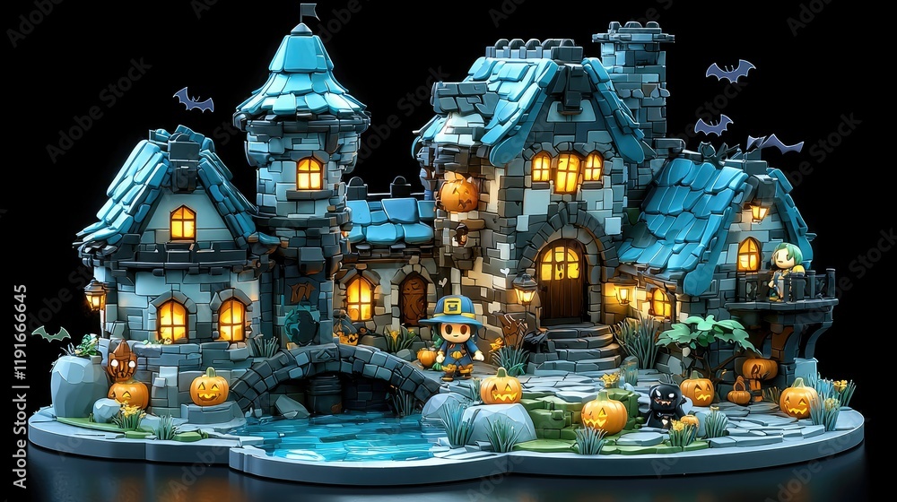 Fototapeta premium Enchanting Halloween Village Miniature Castle Scene