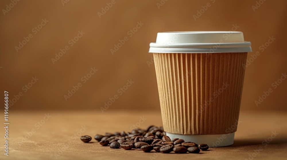Coffee cup with coffee beans on brown background, closeup Coffee cup with coffee beans on brown background, closeup