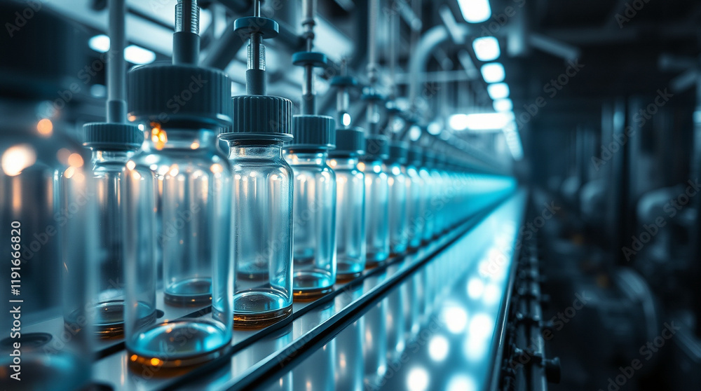 Bottles moving along a production line in a factory setting. Clean, sterile environment. Bottles moving along a production line in a factory setting. Clean, sterile environment.