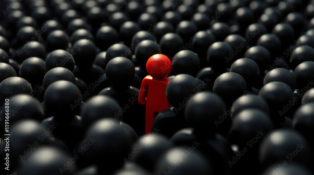 Fototapeta premium One red figure stands out amongst a crowd of black figures. A concept image representing individuality, difference, or standing out from the crowd.