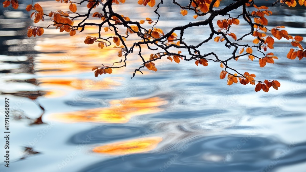 Autumn leaves on tree branch over reflective water Autumn leaves on tree branch over reflective water