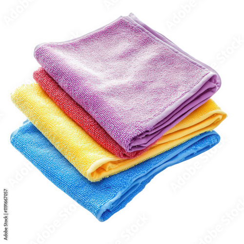 stack of four colorful towels arranged neatly the towels are in shades of purple. yellow. blue. and pink. showcasing a soft. textured fabric ideal for drying or bathing their vibrant colors add a chee