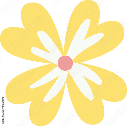 Featuring a simple flat vector illustration of a vibrant yellow flower with delicate white petals and a charming pink center, blooming beautifully against a clean white background