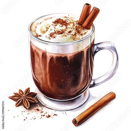 A watercolor vector of a cup of cinnamon hot chocolate, topped with whipped cream and a cinnamon stick, isolated on a white background. Cinnamon hot chocolate vector.
