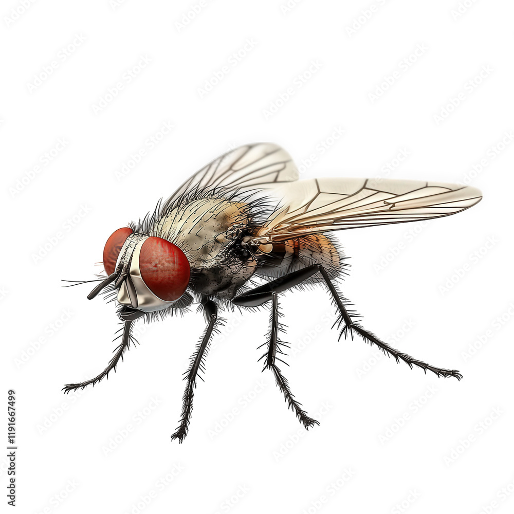 highly detailed. realistic rendering of a fly. showcasing its distinct features such as large red eyes. delicate wings. and fine hairs on its body the background is plain white. emphasizing the fly's highly detailed. realistic rendering of a fly. showcasing its distinct features such as large red eyes. delicate wings. and fine hairs on its body the background is plain white. emphasizing the fly's